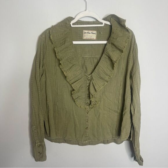 Free People Ruffled Up Shirt NWOT Green Small - Picture 3 of 10
